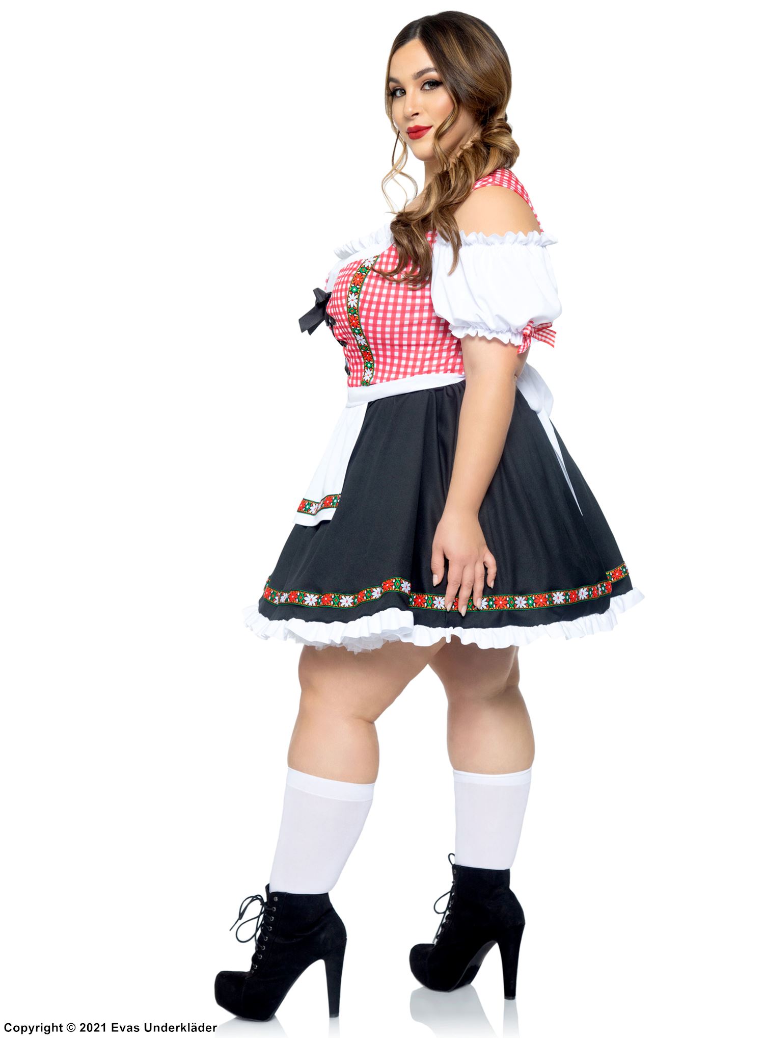 Oktoberfest waitress, costume dress, lacing, ruffle trim, cold shoulder, plus size